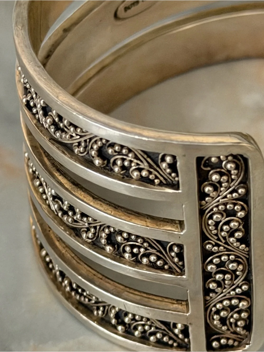 Lois Hill Silver Granulated Scroll Cuff Bracelet - 925 Silver